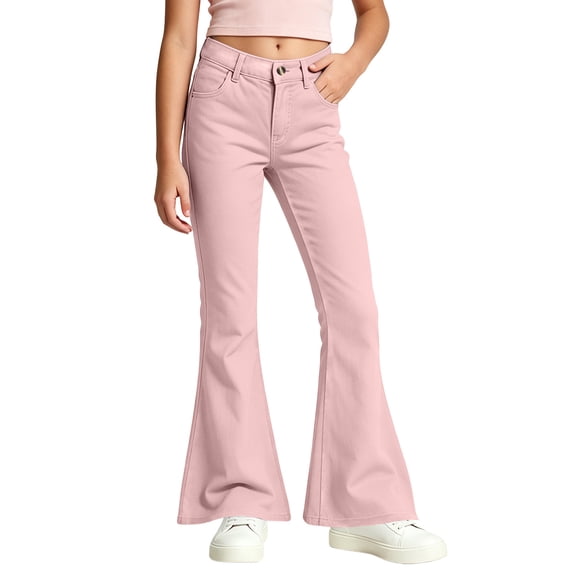 RQYYD School Uniform Pants for Girls Bell Bottom Pants High Stretch Elastic Waist Flare Trousers Size 5-16 Years Teen Girls Kids Back To School
