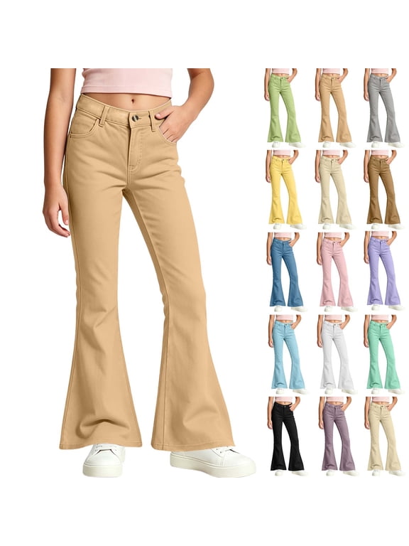 School Uniform Pants for Girls Bell Bottom Pants High Stretch Elastic Waist Flare Trousers Size 5-16 Years Teen Girls Kids Back To School