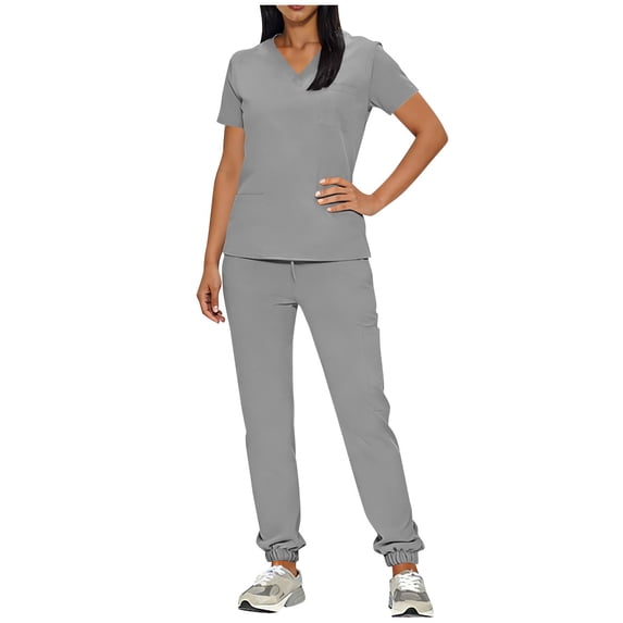 RQYYD Scrub Suit Set for Women Modern V-neck Top Tapered Leg Jogger Pants with Drawstring Nursing Uniforms Set