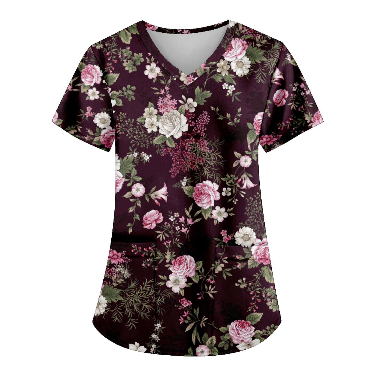 RQYYD Scrub Tops Women Printed Scrub Tops Fun T Shirts Workwear Nurse Uniform Tee Womens Scrub