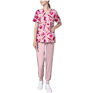 RQYYD Scrub sets for woman 2024 Printed Jogger Scrub Set Nursing Uniform Stretch V-Neck Top & Drawstring Cargo Pants