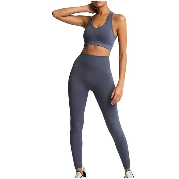 RQYYD Seamless Workout Set for Women Ribbed Raceback Sports Crop Tops High Waist Yoga Leggings Outfits 2 Piece Solid Color Yoga Set Dark Gray L