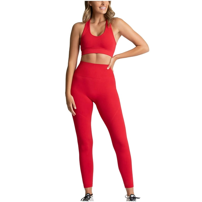 RQYYD Seamless Workout Set for Women Ribbed Raceback Sports Crop Tops High  Waist Yoga Leggings Outfits 2 Piece Solid Color Yoga Set Red M