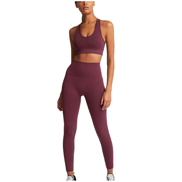 RQYYD Seamless Workout Set for Women Ribbed Raceback Sports Crop Tops High  Waist Yoga Leggings Outfits 2 Piece Solid Color Yoga Set Wine M 