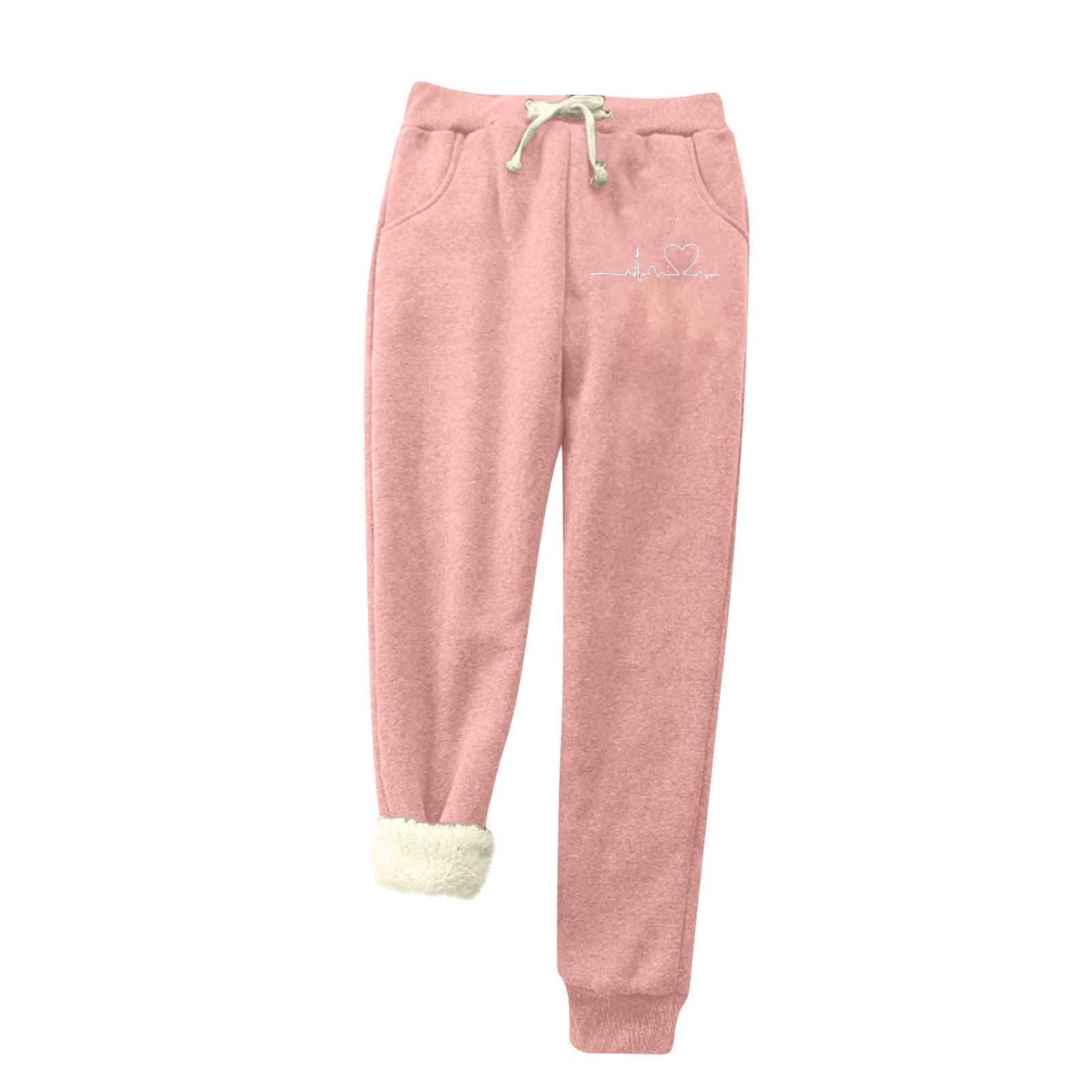 RQYYD Sherpa Lined Sweatpants for Women Winter Warm Fleece Lined Sweatpants  with Pockets Casual Heart Jogger Fleece Pants Pink 3XL 