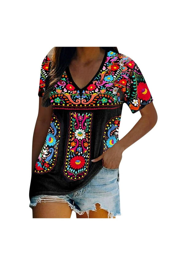 Short Sleeve Mexican Tee Shirts for Women Ethnic Style Boho T-Shirts Floral Embroidered Loose Tops V Neck Hide Belly Blouses