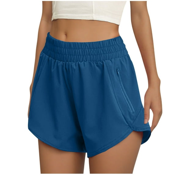 RQYYD Shorts for Women's High Waisted Athletic Shorts Pocket Workout Shorts Gym Sporty Running Shorts Blue XL
