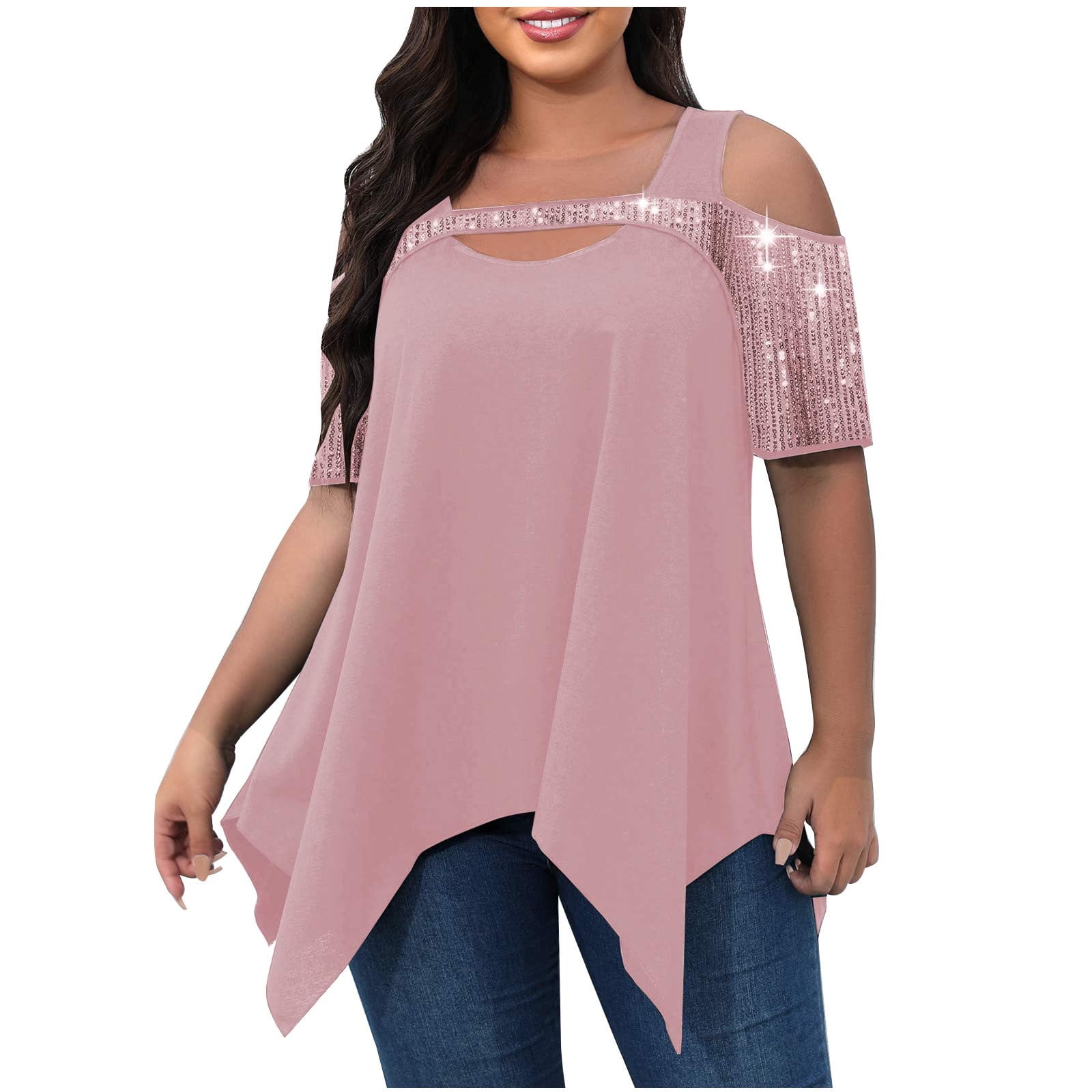 RQYYD Sparkly Cold Shoulder Summer Tops for Women Plus Size Sequins Shirts  Blouse Hollow Out Short Sleeve Irregular Hem Tunic Top(Pink,3XL)