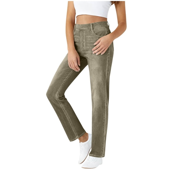RQYYD Straight Leg Jeans for Women Trendy Pull On High Waisted Cropped Elastic Waist Stretchy Denim Pants Ankle Jeans