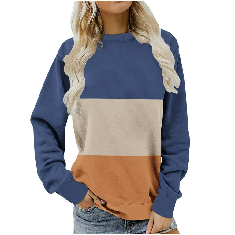 RQYYD Striped Sweatshirt Women Crew Neck Long Sleeve Color Block Tunic Tops  Loose Causal Pullover Shirt Blouse for Leggings Navy M 
