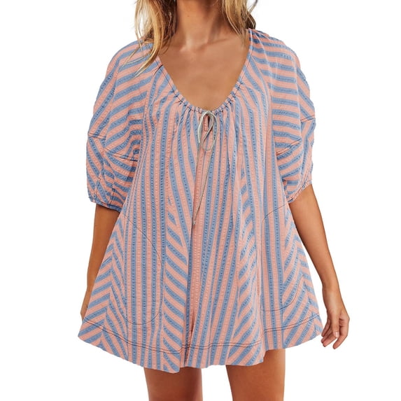 RQYYD Summer Rompers for Women Casual Striped Puff Short Sleeve Adjustable Neck Wide Leg Oversized Jumpsuit with Pockets