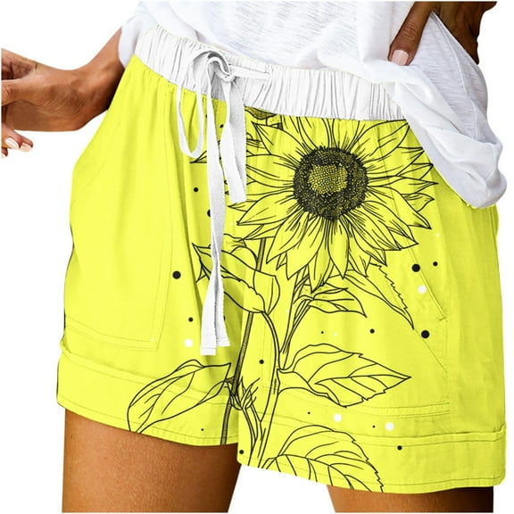 RQYYD Summer Sunflower Print Shorts for Women 2024 Elastic Drawstring Lightweight Linen Pants Casual Loose Beach Short Pants with Pockets