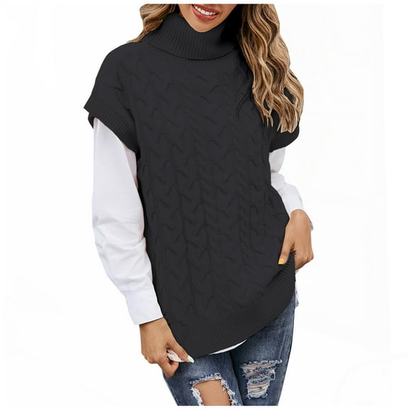 RQYYD Sweater Vest Women Cable Knitted Sleeveless Turtleneck Casual Sweaters Top