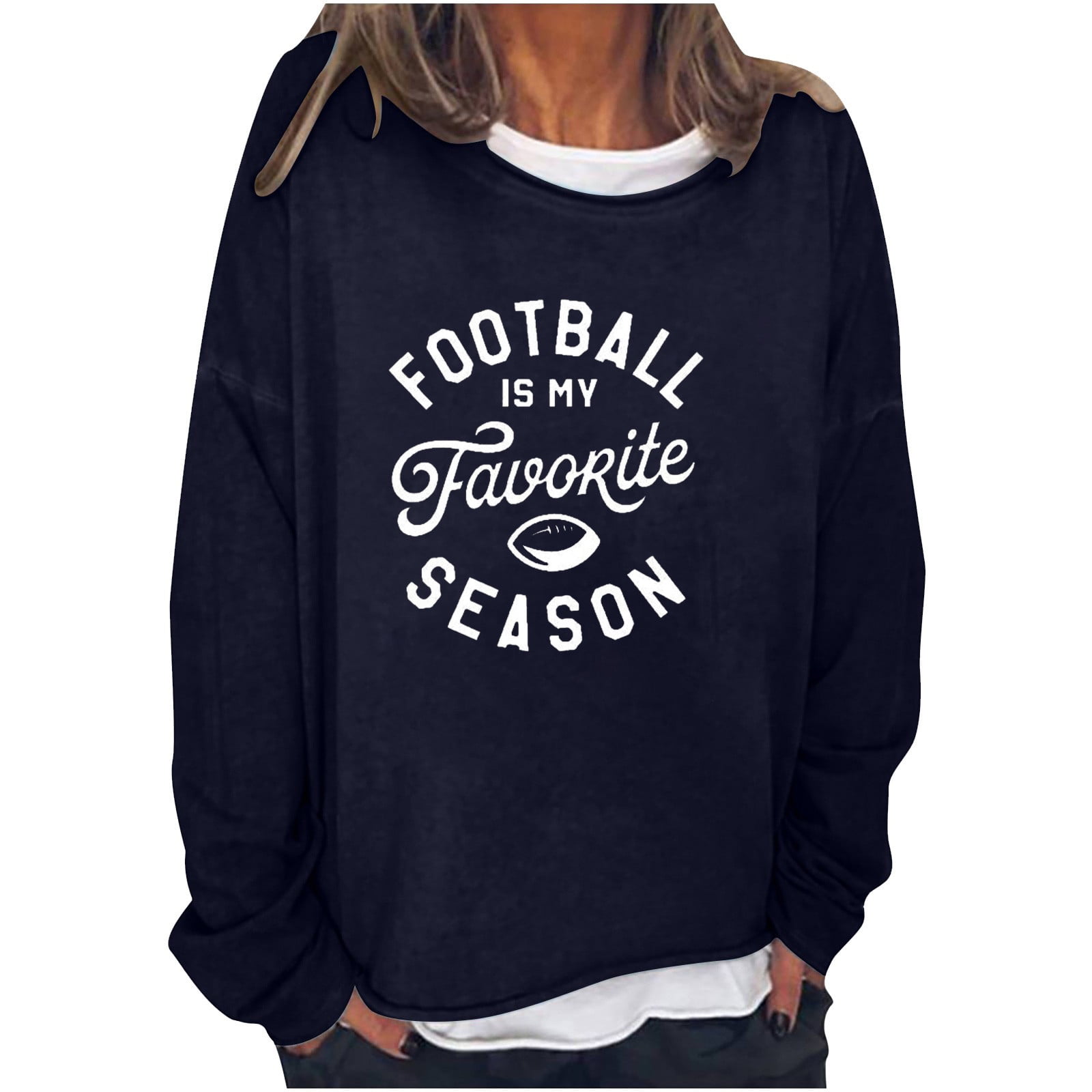 Discount RQYYD Sweatshirt Women Football Is My Favorite Season Letter Print Long Sleeve Crew Neck Solid Color Loose Holiday Shirts Wine L