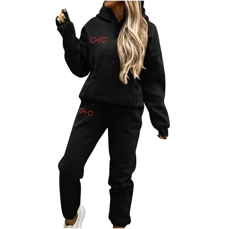 RQYYD Sweatsuits for Women Set 2 Piece Outfits Love Graphic Long Sleeve  Hoodie Sweatshirt and Jogger Pants Valentine's Day Tracksuit Suit Black S 