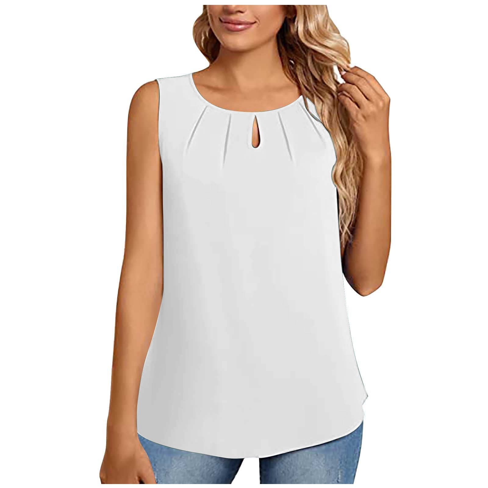 RQYYD Tank Top for Women Keyhole Crewneck Sleeveless Summer Loose Fit Tunic  Tops Casual Business Cute Solid Color Pleated Shirt Blouse(White,XL)