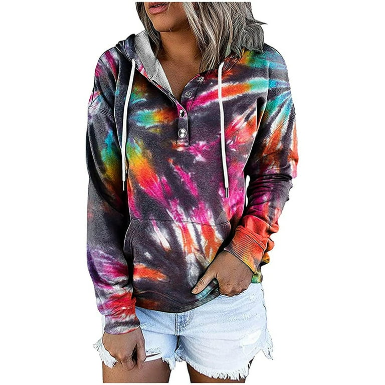 RQYYD Tie Dye Hoodies for Women Casual Button V Neck Drawstring Pullover Sweatshirts Hooded Tops with Kangaroo Pockets Multicolor M Walmart