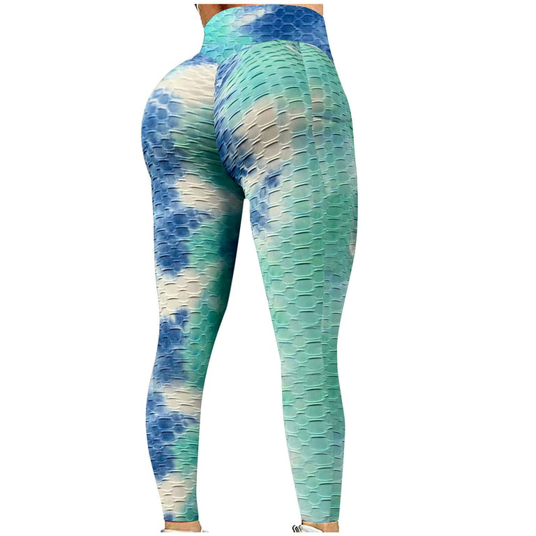RQYYD Tie Dye Pants Womens High Waisted Workout Yoga Pants Butt Lifting  Scrunch Leggings Tummy Control Textured Tights White M