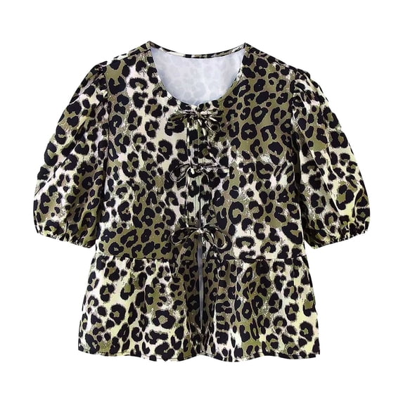RQYYD Tie Front Tops for Women Leopard Print Peplum Babydoll Top 3/4 Length Puff Sleeve Coquette Tops Cute Going Out Tops