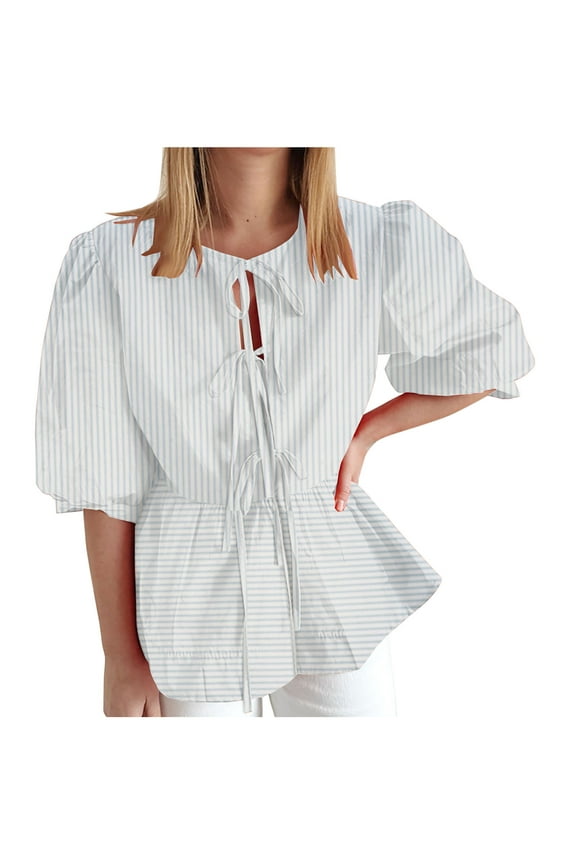 Tie Front Tops for Women Leopard Print Peplum Babydoll Top 3/4 Length Puff Sleeve Coquette Tops Cute Going Out Tops