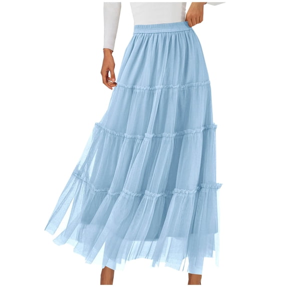 RQYYD Tulle Skirts for Women Spring Fashion Elastic High Waisted Tiered Flowy Fairy A-Line Casual Maxi Long Skirt