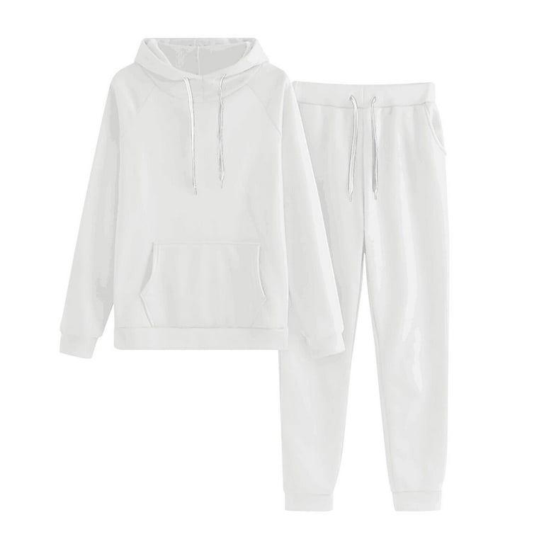 Casual Jogger Pants Long Kangaroo Loose Women Warm Pocket Sweatpants Cozy Outfits Sleeve RQYYD S Sweatshirt with for Drawstring White Hooded Two Piece