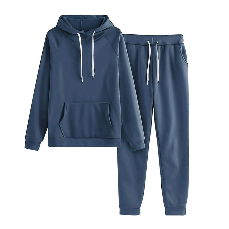 Long Two Loose for Sweatshirt Jogger Hooded Kangaroo Outfits Sleeve Piece Pants Women Warm Drawstring RQYYD with Cozy L Casual Navy Sweatpants Pocket