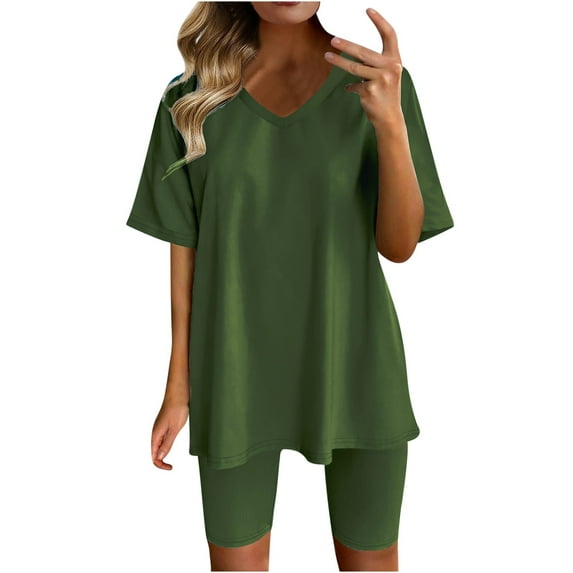 RQYYD Two Piece Outfits for Women Summer Casual V Neck Oversized T Shirt Top Sweatsuits Biker Shorts Set Workout Sports Tracksuit