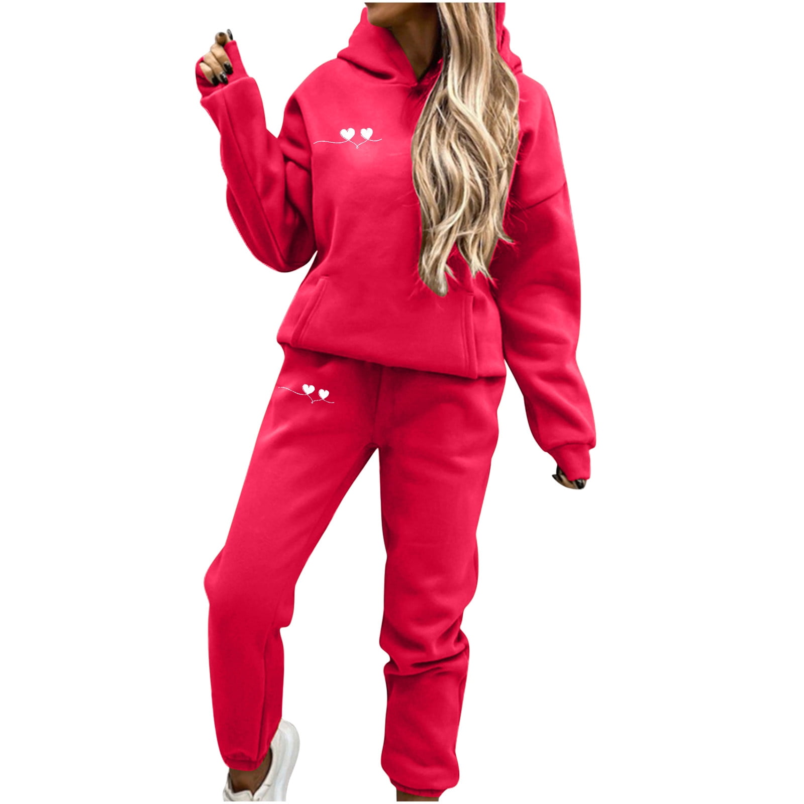RQYYD Two Piece Outfits for Women Valentine's Day Heart Graphic Tracksuit  Set Casual Loose Sweatshirt Hoodie Sweatpants Hooded Sweatsuit Red XL 