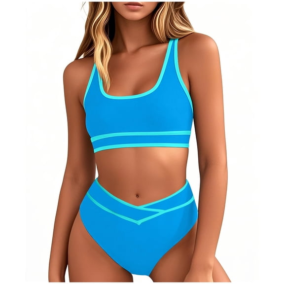 RQYYD Two Piece Swimsuit for Women's High Waisted Bikini Sets Sporty Two Piece Swimsuits Color Block Cheeky High Cut Bathing Suits