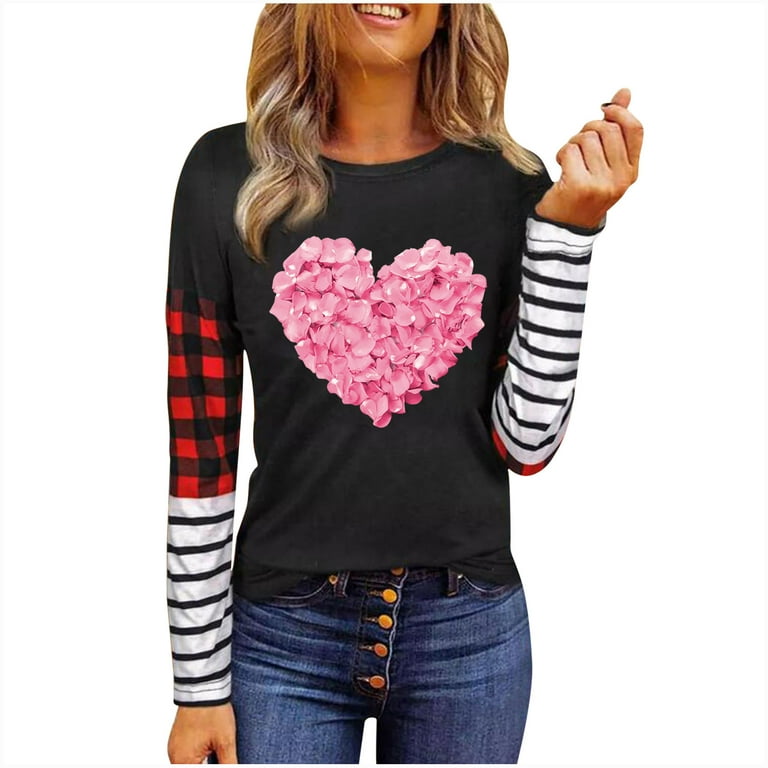 Valentine's Day Fashion Crew Neck Sweatshirts for Women Cute Heart Graphic  Print Pullover Tunic Tops Long Sleeve(Beige,M) 