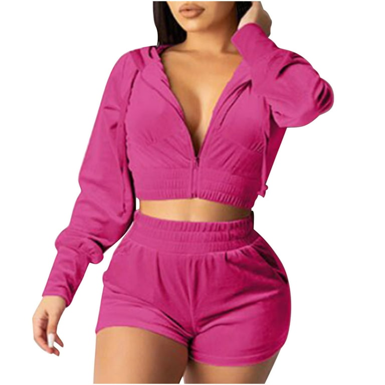 RQYYD Velvet 2 Piece Set for Women Cute Drawstring Hoodied Crop Top Short Outfit Comfy Velour Long Sleeve Zip Up Matching Suit Hot Pink L