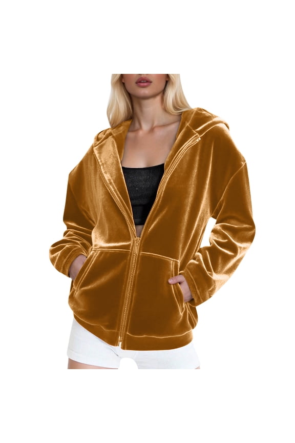 Velvet Hooded Sweatshirt for Women Long Sleeve Full Zipper Outerwear Soft Warm Velour Jacket with Pockets