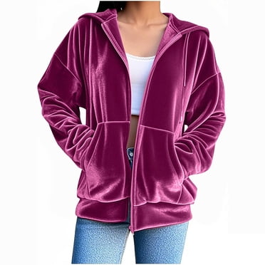 Blue Jacket With Pockets Women's Velour Full Zip Sweatshirt - Lightweight Fleece Jacket With Zipper Pockets For Athletic Wear Velvet Sweatshirt Women