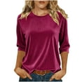 thumbnail image 1 of RQYYD Velvet Tops for Women 3/4 Sleeve Tops Round Neck Loose Casual Blouses, 1 of 5
