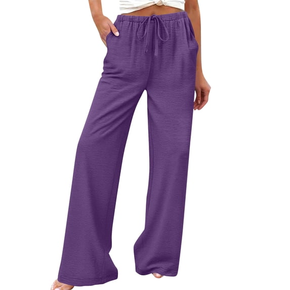 RQYYD Wide Leg Pants for Women Flowy Palazzo Drawstring Elastic Waist Trousers with Pockets Summer Beach Vacation Clothes