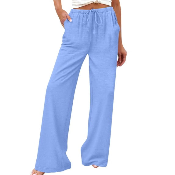 RQYYD Wide Leg Pants for Women Flowy Palazzo Drawstring Elastic Waist Trousers with Pockets Summer Beach Vacation Clothes