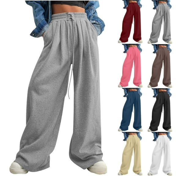 RQYYD Wide Leg Sweatpants for Women 2024 Trendy Fashion High Waisted Drawstring Loose Long Pants with Pockets