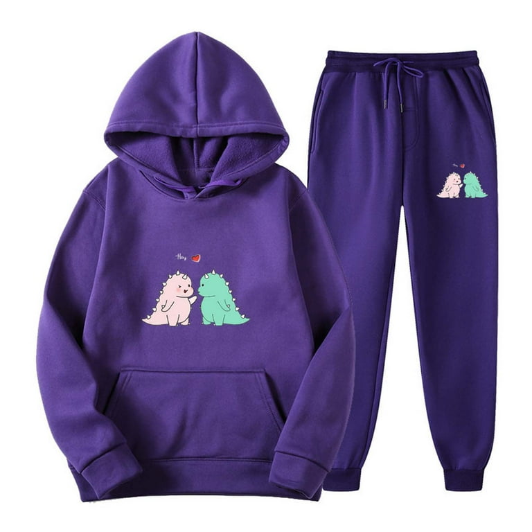 RQYYD Winter Savings! Cute Dinosaur Graphic Hoodies and Sweatpants Set Men  Women Teen Girls Casual Sport Outfits Drawstring Jogger Tracksuits Top  Purple XXL 