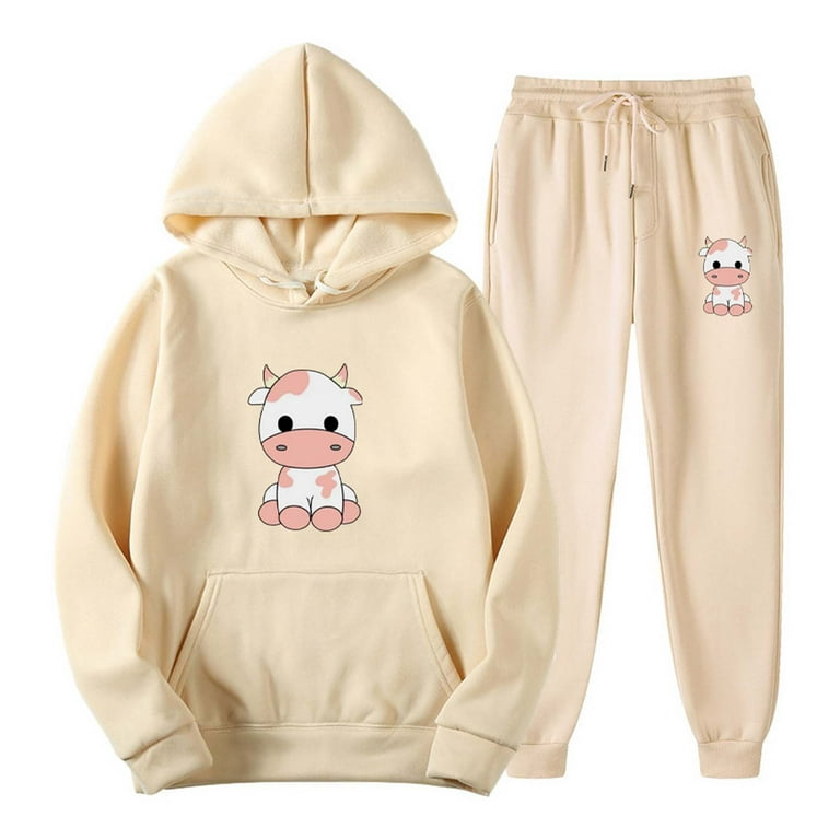 RQYYD Winter Savings! Women 2 Piece Outfits Sets Cute Cow Print Long Sleeve  Hooded Sweatshirts Matching Joggers Sweatpants Gym Outfits with Pocket  Khaki M 