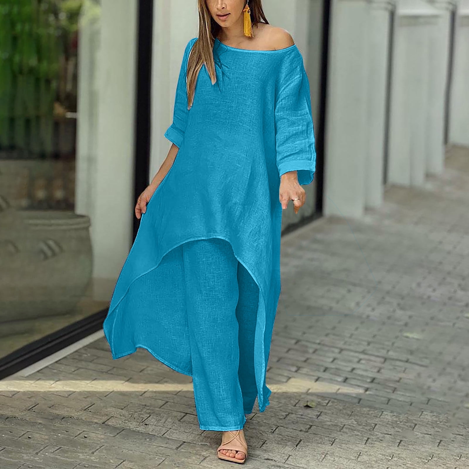 RQYYD Women 2 Piece Casual Outfit Sets Cotton Linen Irregular Long Sleeve  Shirt And Loose High Waisted Long Shorts Set with Pockets Blue XXL -  Walmart.com