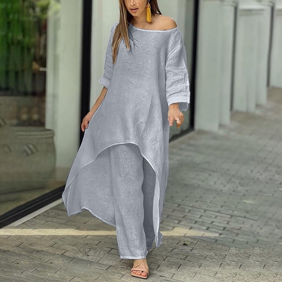 RQYYD Women 2 Piece Casual Outfit Sets Cotton Linen Irregular Long Sleeve Shirt And Loose High Waisted Long Shorts Set with Pockets Dark Gray M