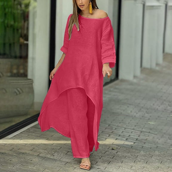 RQYYD Women 2 Piece Casual Outfit Sets Cotton Linen Irregular Long Sleeve Shirt And Loose High Waisted Long Shorts Set with Pockets Hot Pink L