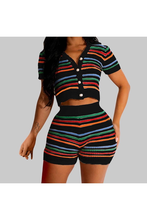 Women 2 Piece Crochet Outfit Knitted Shorts Set Hollow Out Button Shirt Summer Vacation Outfits