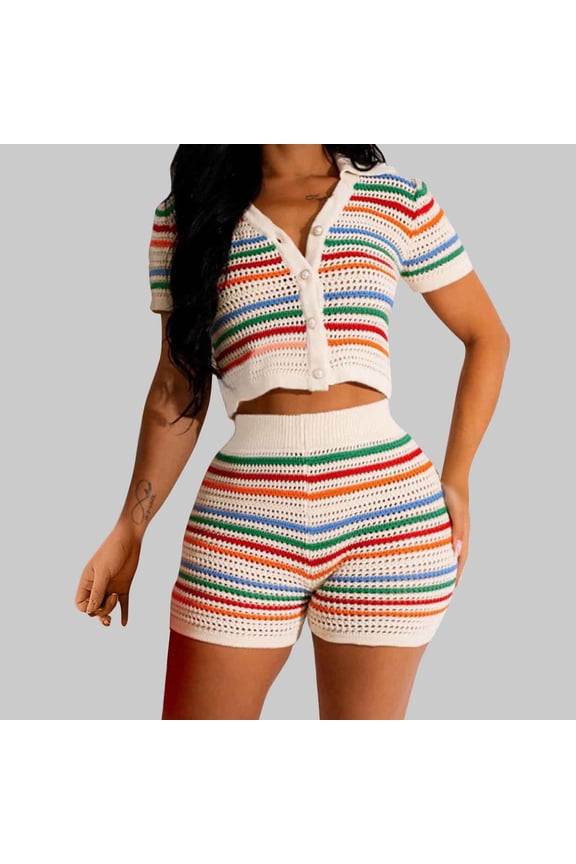 Women 2 Piece Crochet Outfit Knitted Shorts Set Hollow Out Button Shirt Summer Vacation Outfits