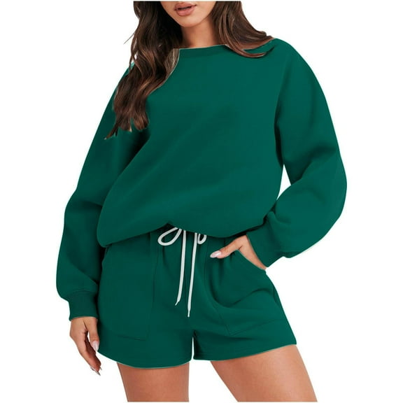 RQYYD Women 2 Piece Outfit Oversized Hoodie Sweatshirt Shorts Lounge Sweat Set Sweatsuit Tracksuit 2024 Trendy Y2K Clothes Matching Sweat Sets for Women
