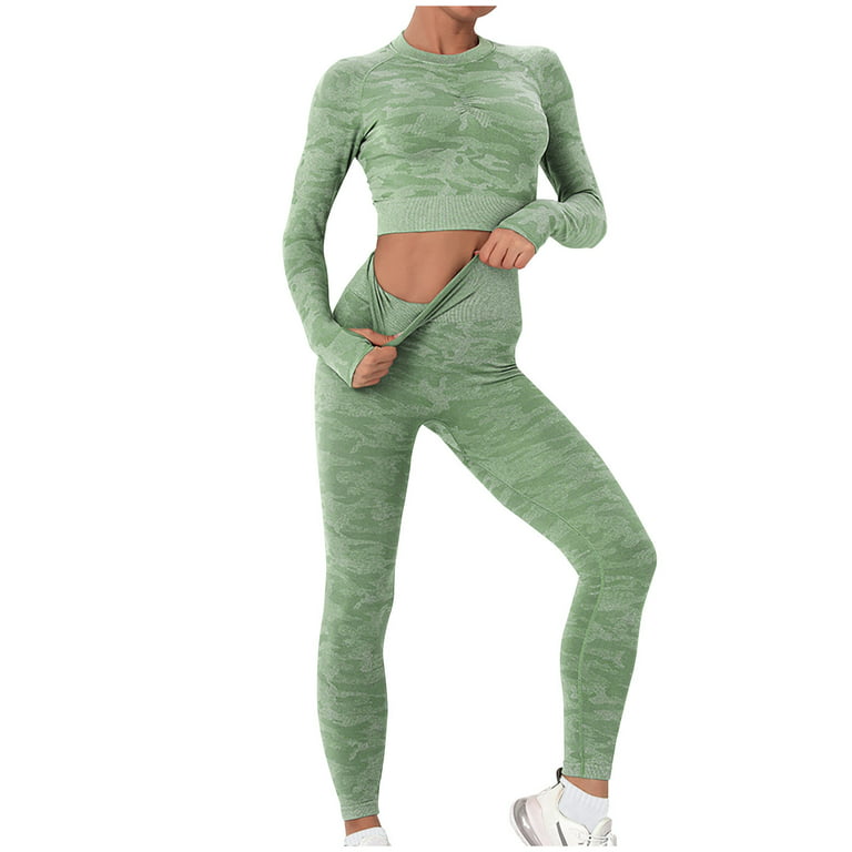 RQYYD Women Camouflage Workout Outfit Yoga Seamless 2 Piece Gym Long Sleeve  Crop Top High Waist Leggings Set Green L