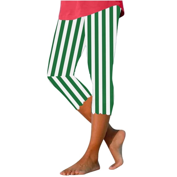 RQYYD Women Capri Leggings 2024 Dressy Casual Striped Summer Capris Knee Length Crop Pants Trendy Lightweight Ladies Clothing