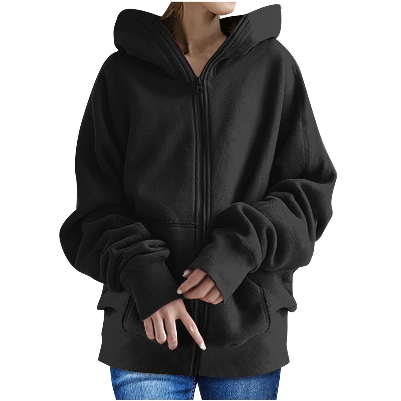 RQYYD Women Casual Full Zip Up Plus Size Hoodie Comfy Loose Solid