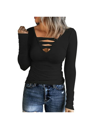  Women's T-Shirt Criss Cross Front Ribbed Knit Tee T-Shirt for  Women (Color : Black, Size : Tall XS) : Clothing, Shoes & Jewelry